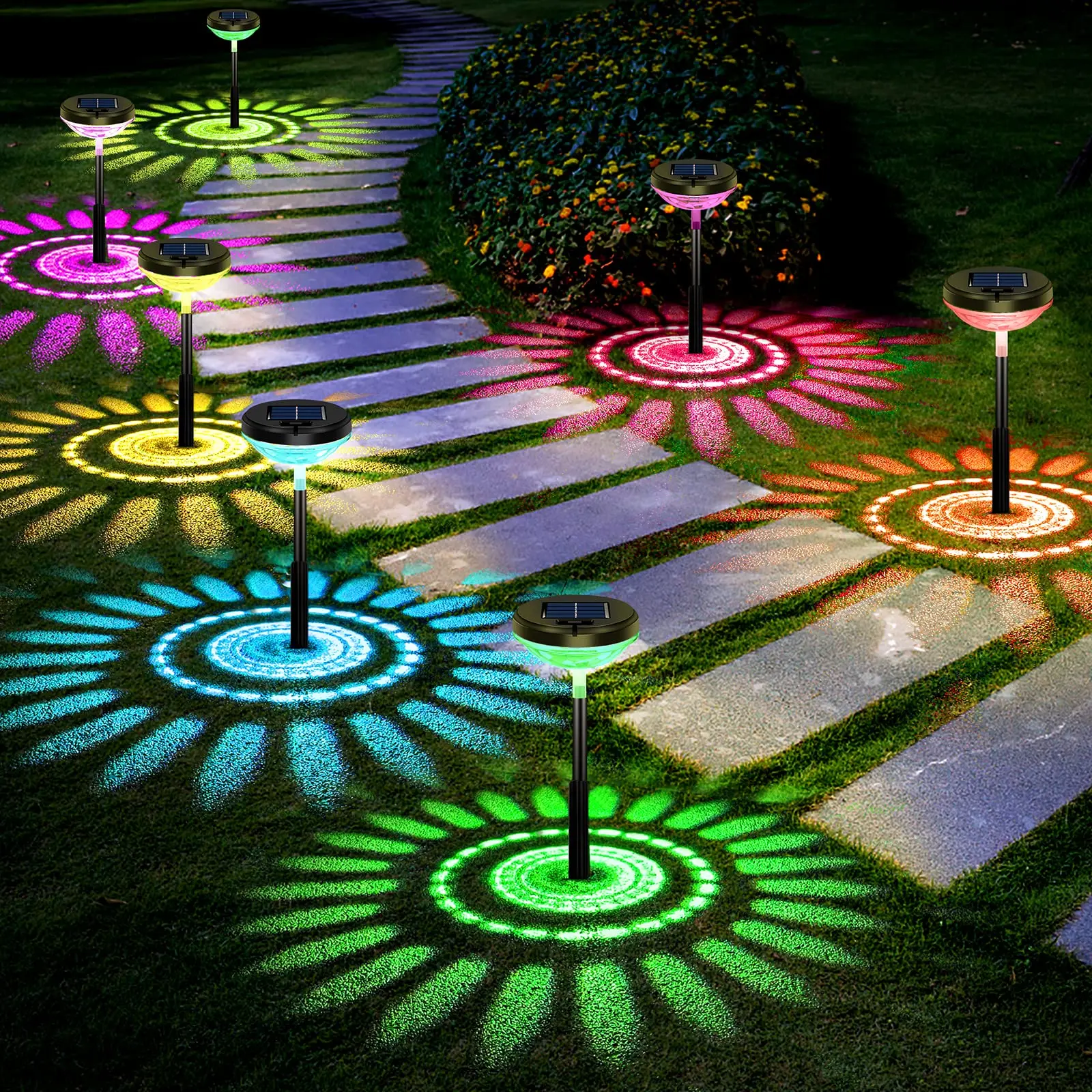 Solar Outdoor Pathway LED Lights- Sunflower Pattern Decorative, Brighter Upgrade Solar Outdoor Lights, Multicolor & Warm White, DIY Height, External Switch, IP67 Waterproof, Auto On/Off, Garden Decor, Yard Backyard Walkway Path Pathway Lighting