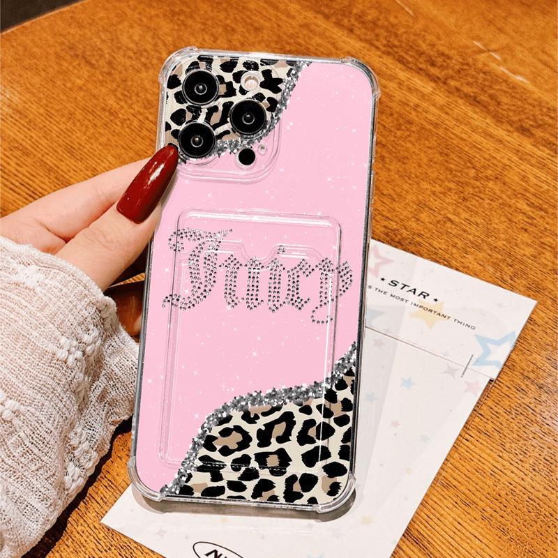 Transparent Card Slot Case, Leopard Pattern, Thick Anti-Drop Phone Cover Compatible with iPhone 17/17 Pro Max/air/11-16 Series Military-Grade Camera Custom Monogram Striped Glitter Electroplated Girly iPad Pen Anti-Slip Slim Shockproof Camo Tough