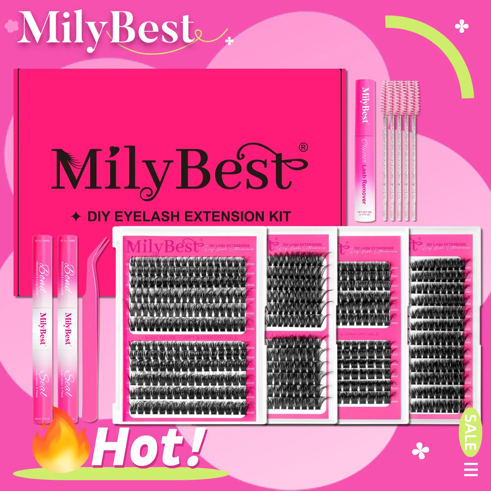 MilyBest 4 Styles Lash Clusters Kit, 864 Pcs D Curl Volume Lashes | Wispy bulk individual eyelash extensions with 2 bond and seal glue for DIY variety lash maps and salon-style looks,back to school