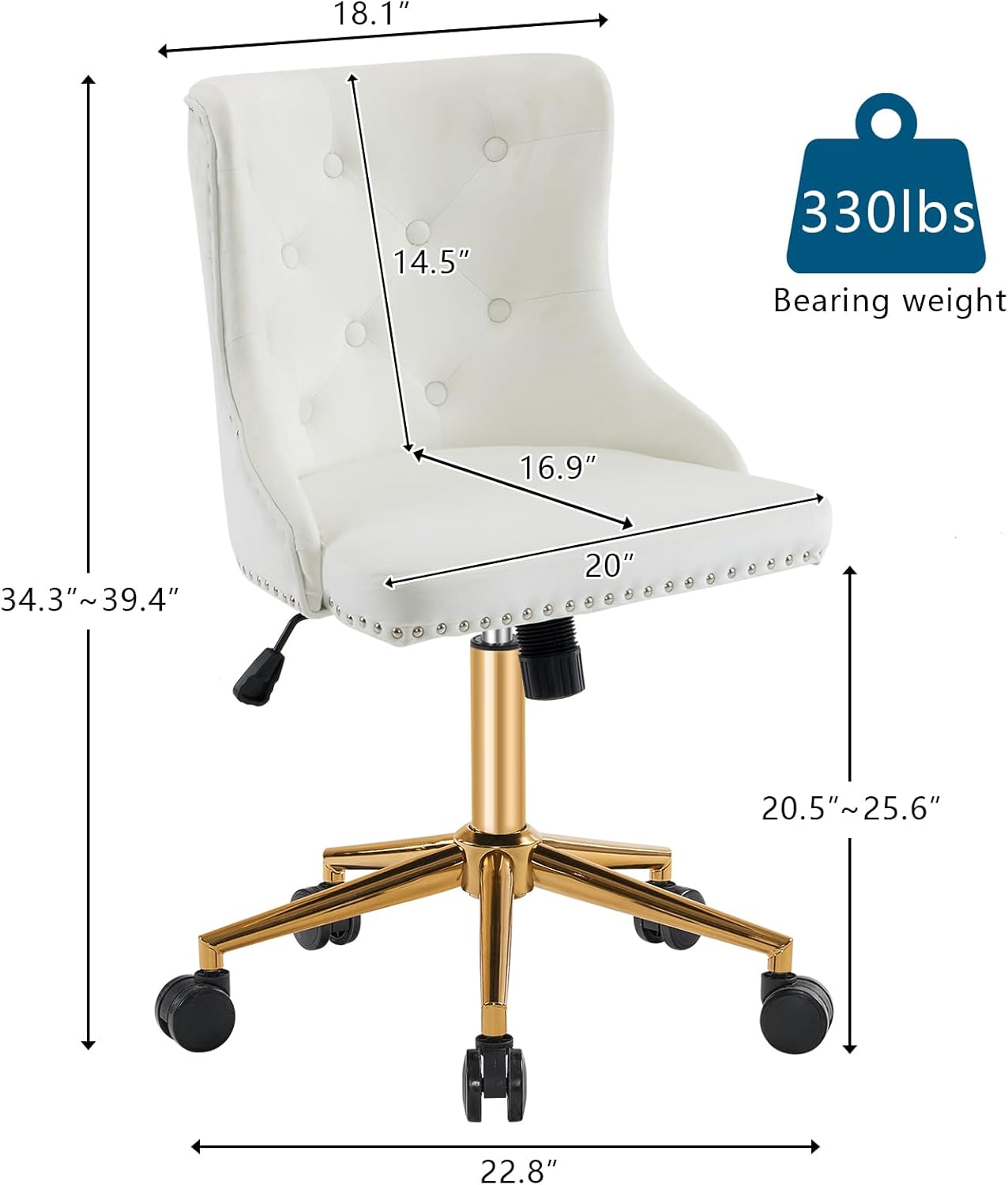 VINGLI Armless Home Office Desk Chair with Gold Base/Wheels, Small Cute Vanity/Makeup Chair with Back for Bedroom, Upholstered Adjustable Rolling Swivel Nail Chair for Women/Girls VINGLI Armless Home Office Desk Chair with Gold Base/Wheels, Small Cute Vanity/Makeup Chair with Back for Bedroom, Upholstered Adjustable Rolling Swivel Nail Chair for Women/Girls