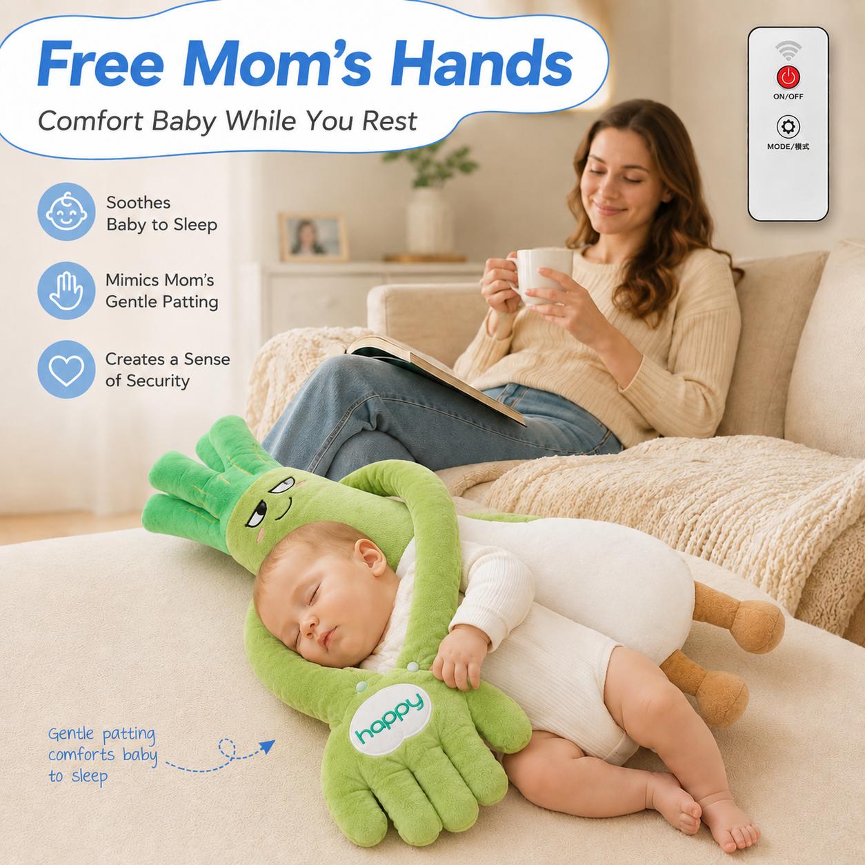 【Baby Gift】Green Leek Baby Soothing Pillow with Remote, 3 Adjustable Patting Modes, Ultra-Soft Hugging Sleep Pillow for Newborns, Perfect Baby Shower Gift