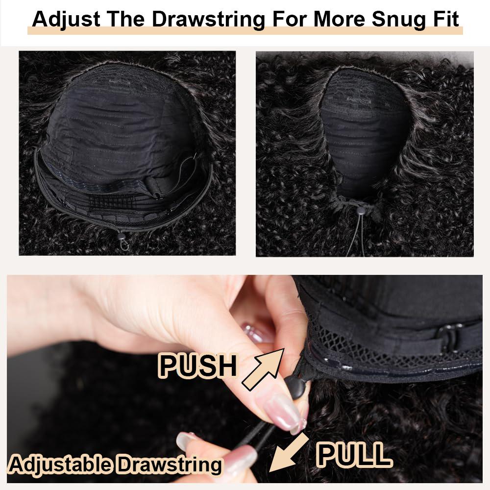 Kinky Curly Half Wig Human Hair 200% Density 3 In 1 Half Wig With Drawstring Seamless Clip Glueless Wear and Go Headband 100% Human Hair  Wig Beginner Friendly For Women valentines gifts for gf