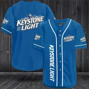 Keystone Light Beer Baseball Jersey – Keystone Light All Over Print Button Down Baseball Shirt, Keystone Light Beer Brand Blue Jersey, Unisex Streetwear Baseball Jersey for Men Women, Beer Lover Gift