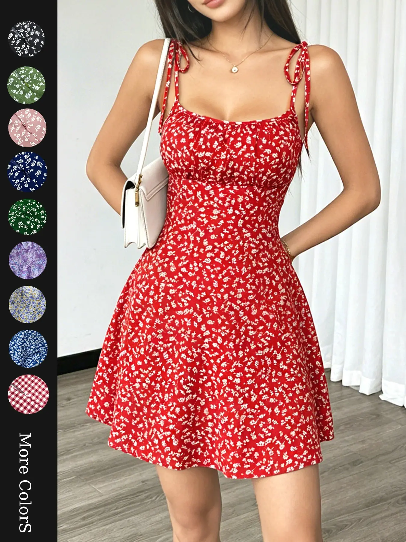 Summer Romantic Vacation Date, Ditsy Floral Tie Waist Slim Fit Casual Short Dress, Spaghetti Strap Sleeveless, Perfect for Outdoor Activities, Stylish and Comfortable Design