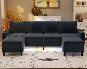 6-Seat U-Shaped Chenille Sectional Sofa with Smart Module, RGB Lights, Charging Ports & 2 Movable Storage Ottomans (Dark Grey)