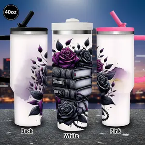 1pc 40oz Gothic Rose and Book Stack Tumbler with Lid and straw, Winter Insulated Travel Mug, Gift for Women Men, Ideal for Valentine's Day, Birthday Gift, Coffee Cup for Office