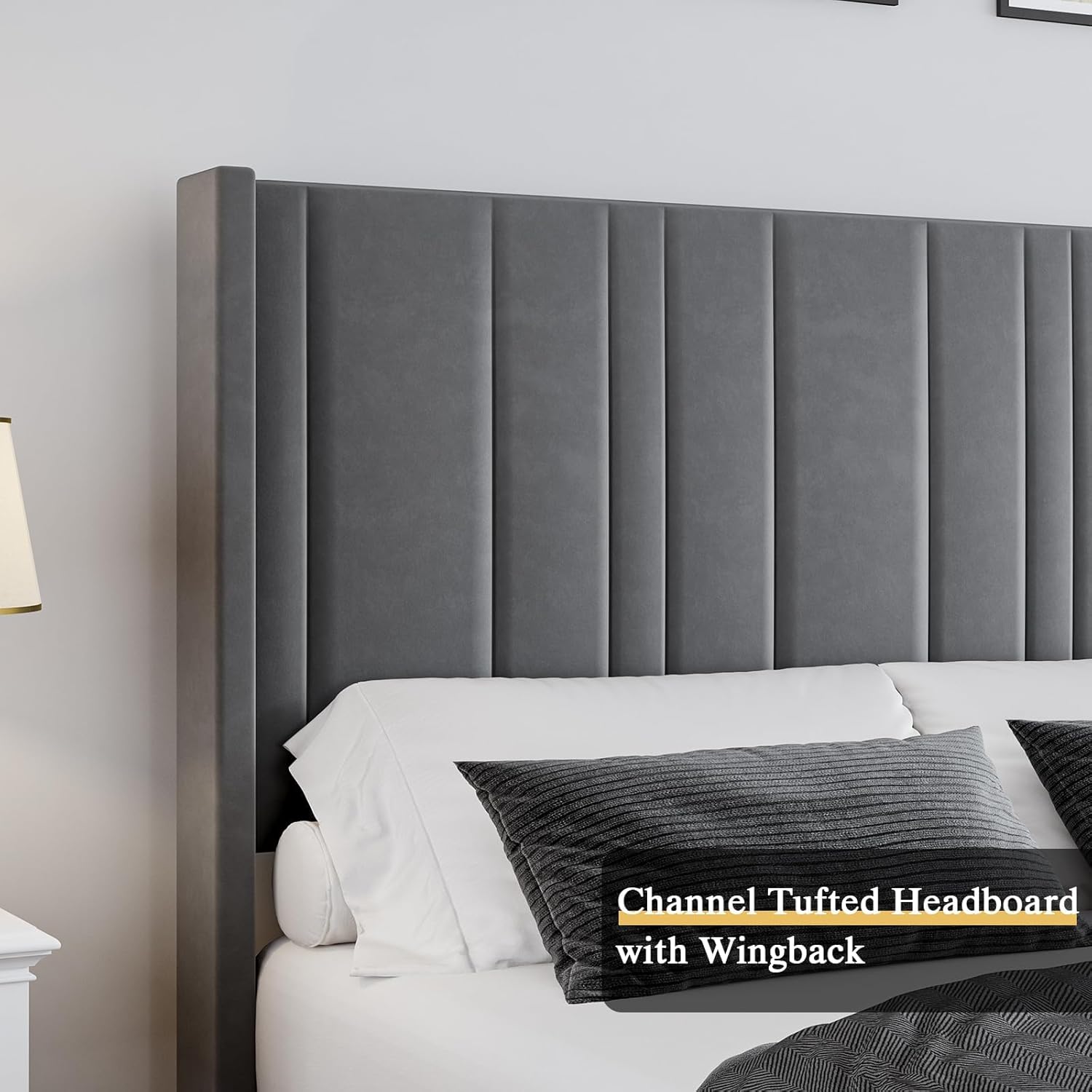 HOMBCK Bed Frame, No Mattress, Soft Velvet, with Vertical Channel Tufted Wingback Headboard & Footboard, Noise Free, Easy Assembly
