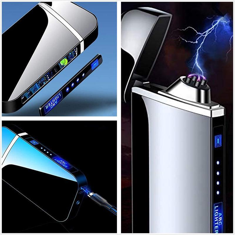 Electronic lighter, dual arc, windproof, LED power indicator, automatic protection, metal material, suitable for daily use such as candles, camping, kitchen, barbecue, etc. It can also be used as a unique gift for collection and decoration.