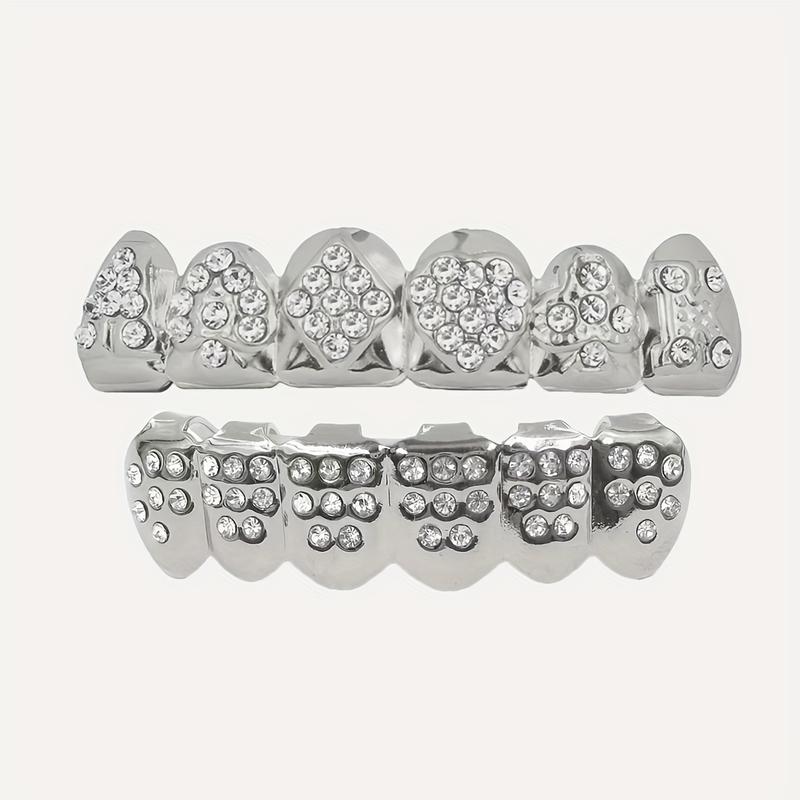2Pcs Poker Teeth Grillz with Sparkling Cubic Zirconia Stones - Hip Hop Rapper Costume Cosmetic Jewelry, Perfect for Halloween, Parties & Gifts, Copper Material, No Power Needed, Halloween Accessory | Gothic Style Grillz | Copper Base Jewelry