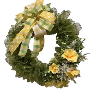 Spring Deco Mesh Wreath/Green Mesh Wreath / Yellow Floral Front Door Wreath/. Spring Door Wreath/Handmade Wreath/Pancake space saver