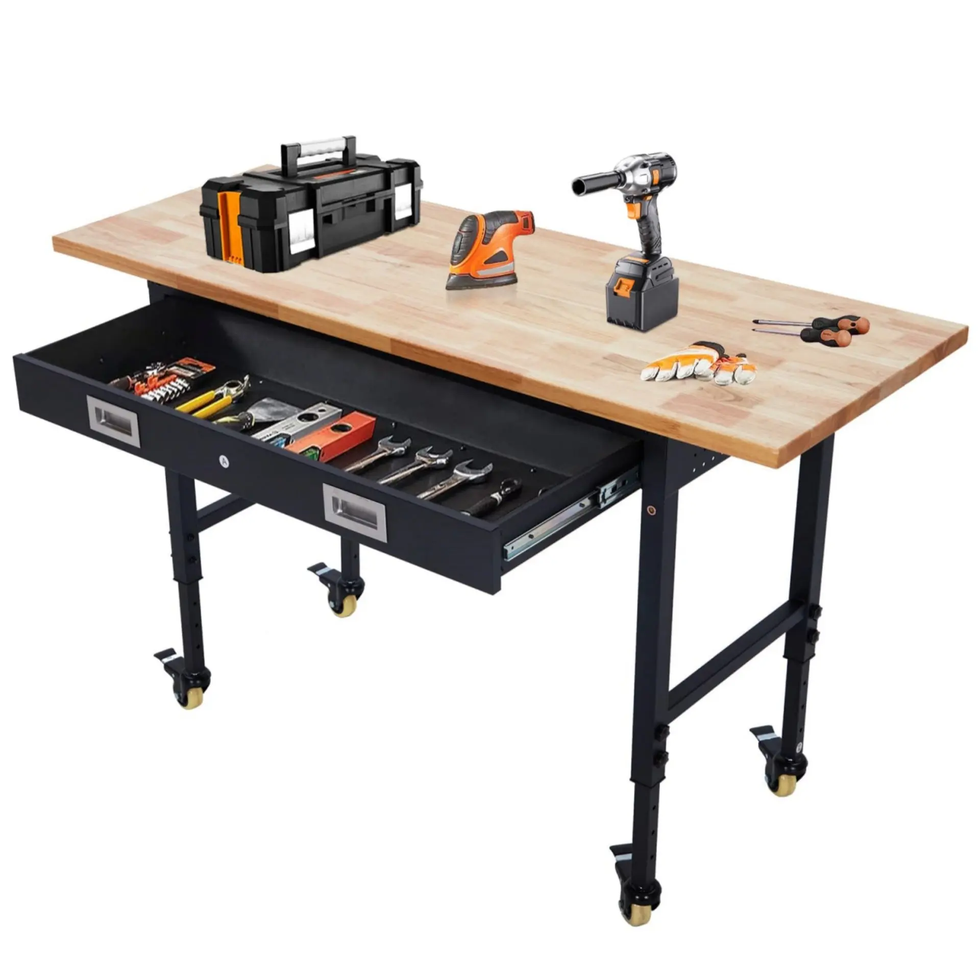 GARVEE Heavy-Duty Rubber Wood Top Workbench Desk (60x22 in, 63.58"d x25.79"w x5.12"h) - Adjustable Height Office Computer Desk with Drawer Organizer, Power Outlet, 4 Locking Casters, 2000 lbs Load Capacity for Garage, Garden Shed