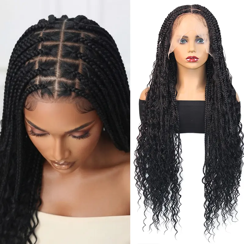 32" African Boho Box Braided wig Goddess Knotless Curly Ends Braids Wig 13*6 Cornrow for black Women Full Lace Front Braided wig