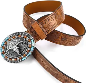 Women Western Cowboy Belt - PU Leather Longhorn Bull Turquoise Embossed Buckle Belt for Jeans Pants Dresses