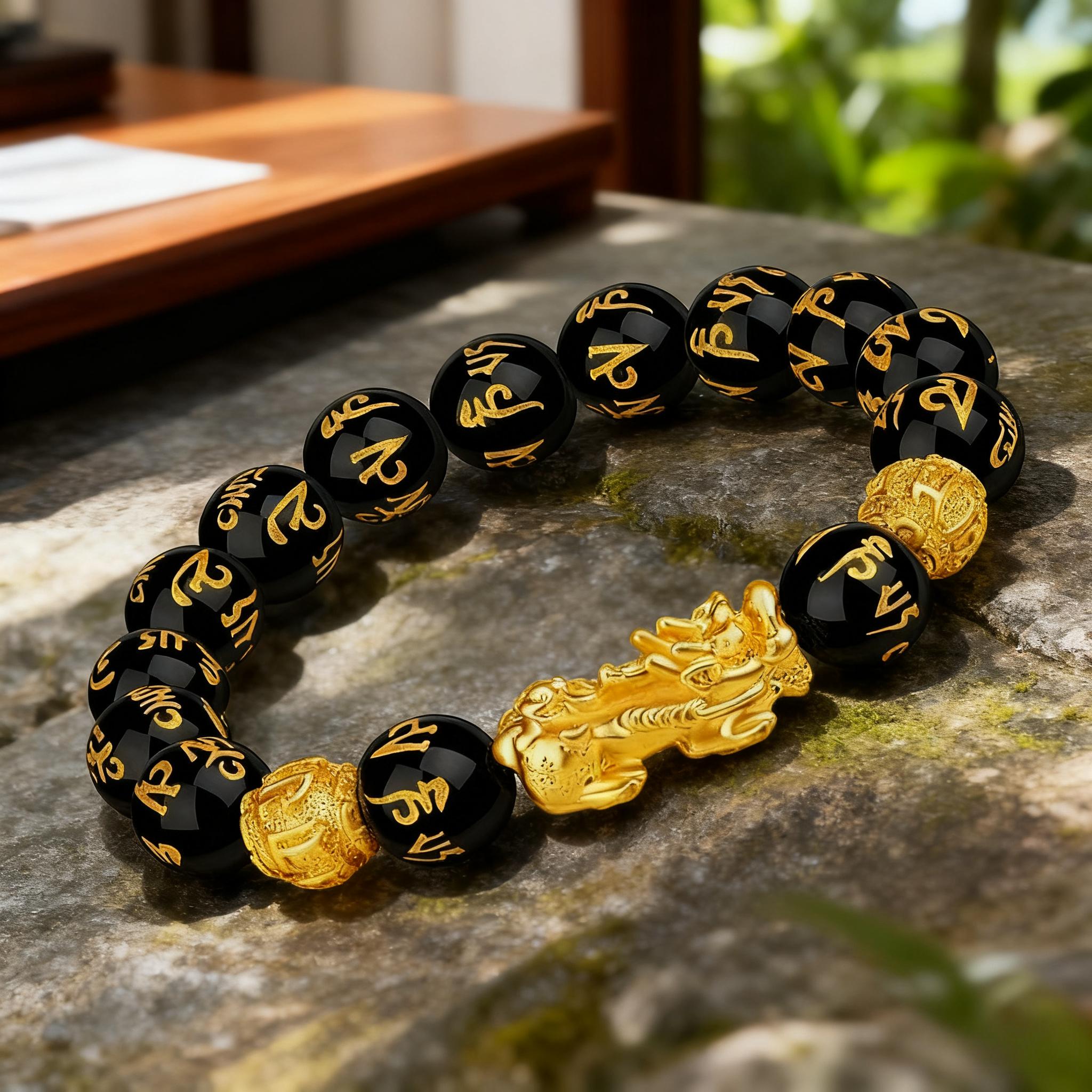 Black Obsidian Beads Wealth Bracelet Pixiu Character for Protection Bracelet Attract Wealth Good Luck Jewelry, Suitable for Any Occasion, Unisex