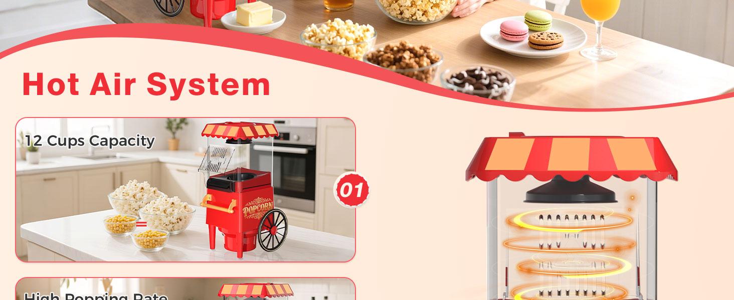 1200W Electric Hot Air Popcorn Maker Machine with Measuring Scoop - Oil-Free Healthy Popper, Retro Red & Design, Compact 12-Cup Capacity, Stainless Steel Construction for Home, Movie Nights, Parties, Christmas - Easy-Clean & Safe Operation