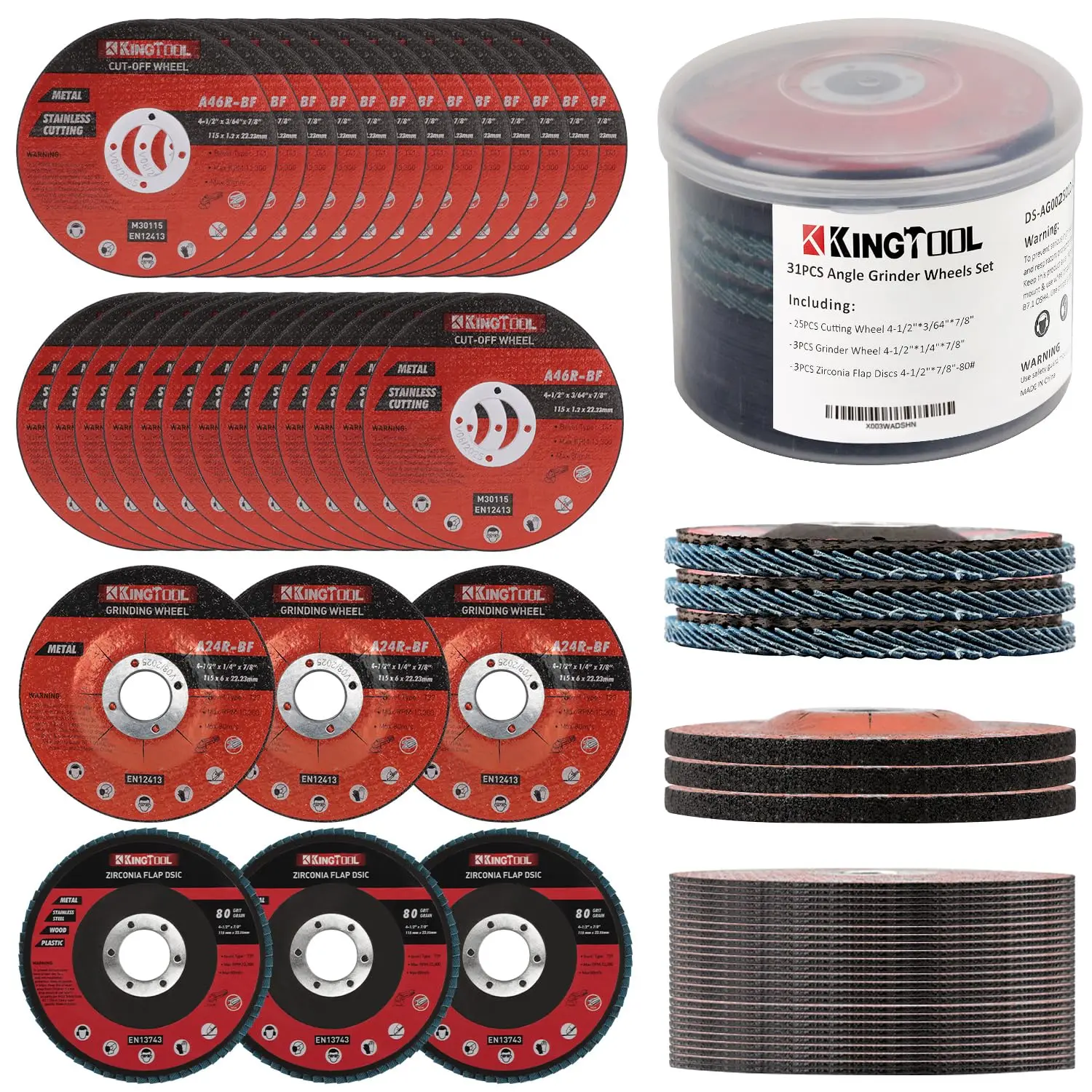 KingTool 31pcs Grinding & Cutting Wheels 4 1/2 inch Grinder Disc Set - 25pcs Cutting Wheel, 3pcs 4 1/2 Grinding Wheels, 3pcs Flap Discs with 7/8" Arbor for Angle Grinder Steel and Stainless toolupgrade