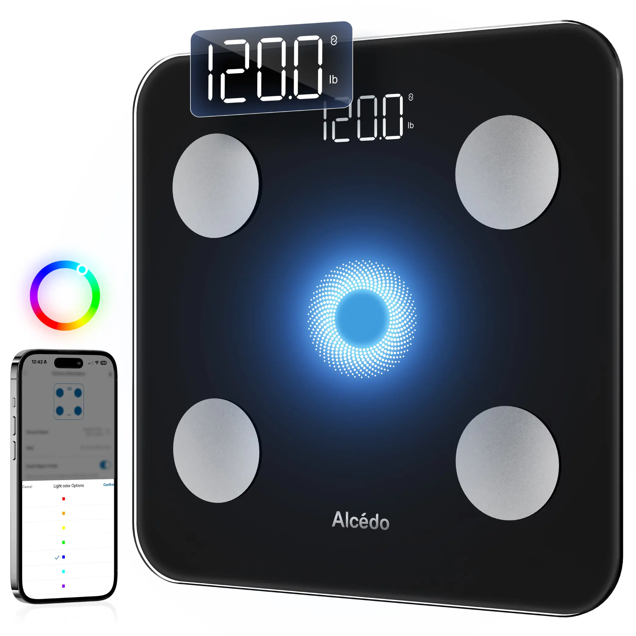 Alcedo Smart Scale for Body Weight – 7-Color Glowing Bluetooth Bathroom Scale with Body Fat & BMI Monitor, Body Composition Analysis, and Smartphone App