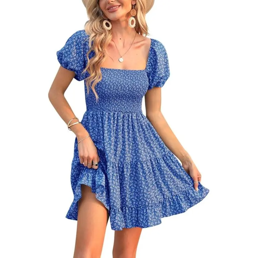 knee length dresses for ladies Square Neck Puff Sleeve Slit Mini Dress – Malyn Grace main image 1
