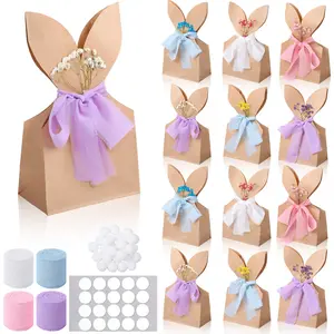 30 Set Easter Bunny Party Favor Bags DIY Brown Bunnies Gift Boxes with Neutral Bow Ribbon Artificial Flowers Rustic Paper Rabbit Ears Goodie Treat Bags Bulk for Birthday Easter Spring