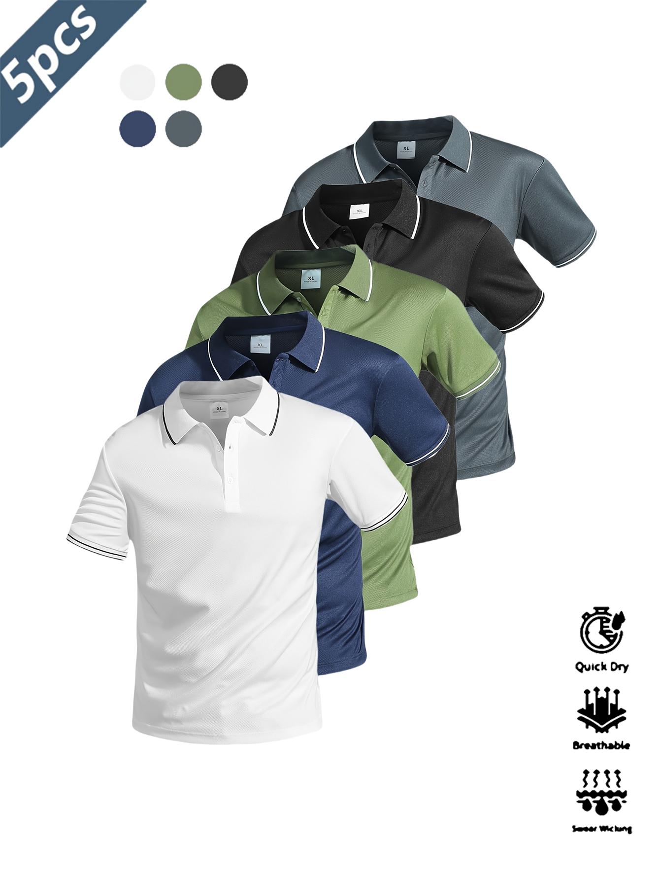 5 Piece Set, Casual Men's Short Sleeve Polo Shirt, Quick Dry Golf and Tennis Shirt, Comfortable Equestrian Wear, Fashionable Men's Sportswear, Suitable for Casual Parties, Holidays, Travel, Collar and Cuff Contrast Design