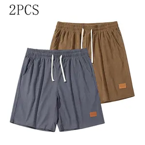 Set of 2 men’s retro corduroy casual shorts, loose fit with a twill fabric design and slanted pockets; breathable, street-style straight cut suitable for relaxed city walks and outdoor activities; drawstring athletic shorts — corduroy shorts