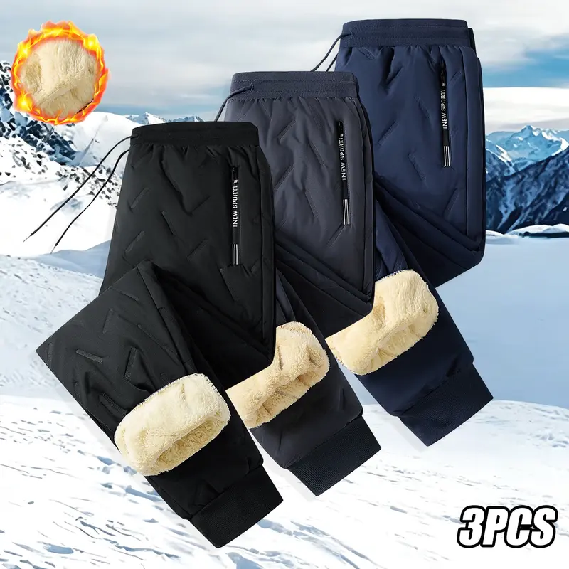 Men's 3PCS Fleece-Lined Polyester Thermal Pants, Drawstring Waist Fitted-Cut Tapered Joggers, Windproof Snow Trousers for Autumn Winter Outdoor Daily Wear