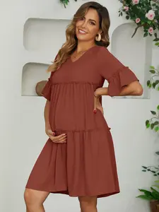 INSPIRE CHIC Womens Maternity Dress Babydoll Bohemian Tiered Ruffled Bell Sleeve Casual V Neck Boho Pregnancy Dresses