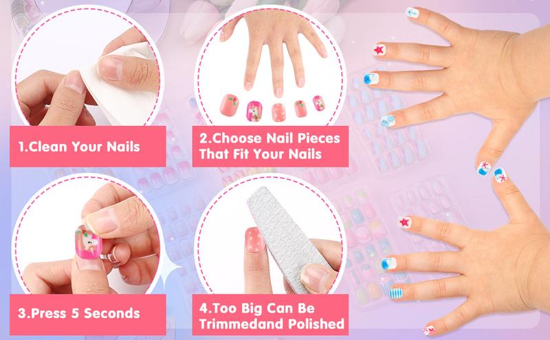 216Pcs 9 Pack Press on Nails Grils Kids Full Cover Short False Stick on Nail Tips for Kids Nail Art Decoration Christmas Birthday Valentine's Party Favors Gift(Lovely Style)