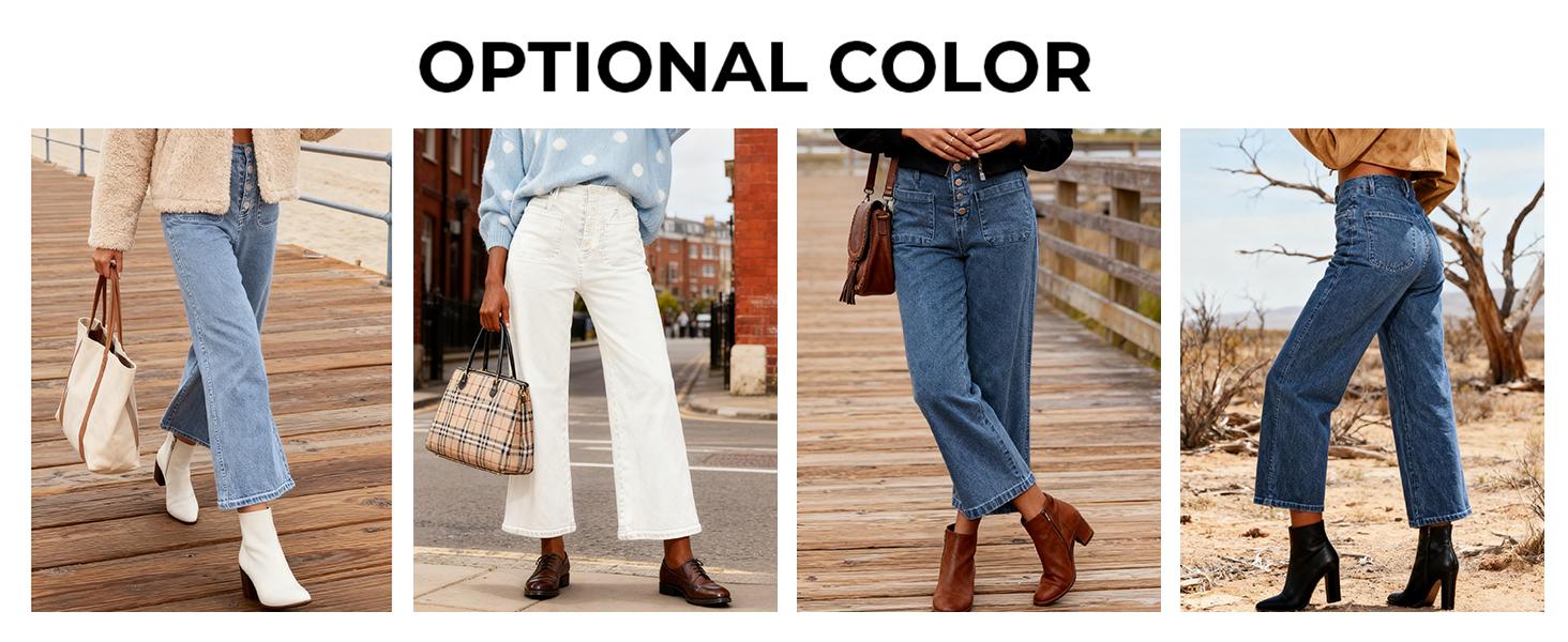 Mundoven Wide Leg Jeans for Women High Waisted Stretchy Straight Leg Cropped Denim Pants Buttoned Baggy with Patch Pockets