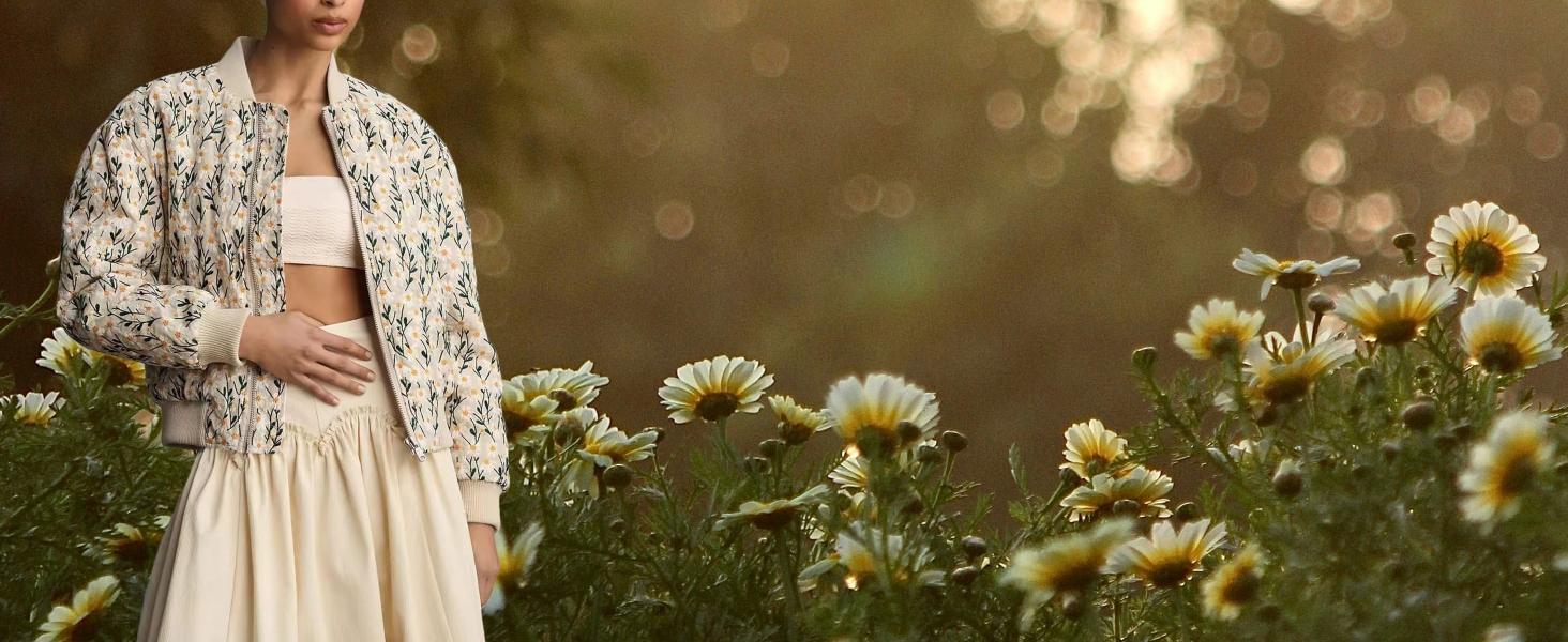 2026 Women's Ramie Linen Embroidered Daisy Cropped Bomber Jacket with Quilted Puffer Sleeves & Two Side Pockets Casual Springfresh Outerwear..