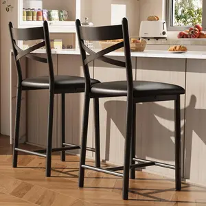 22" Bar Stools Set of 2,Black Counter Height Bar Stools with PU Upholstered Seat,Metal Frame Kitchen Bar Chairs with X-Design Back and Footrest for Kitchen Island, Counter Bar,Dining Room