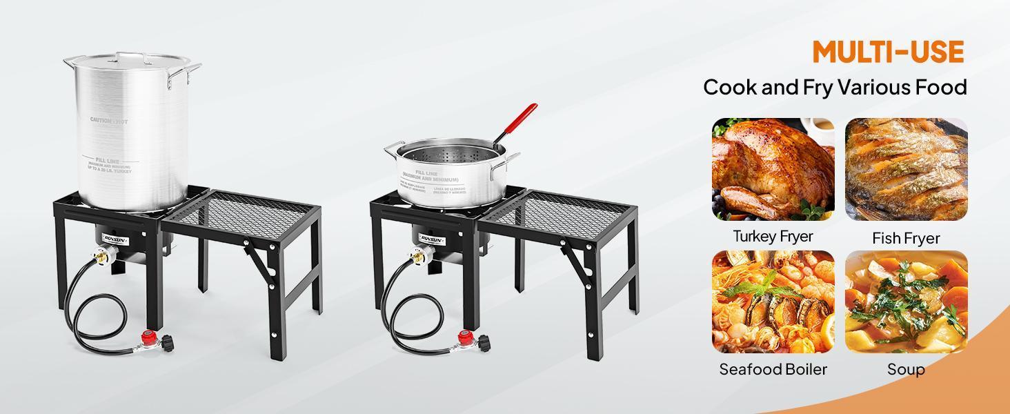 ROVSUN 30QT Turkey Fryer & 10QT Fish Fryer Kit with 54000BTU Propane Stove & Foldable Side Table, Aluminum Deep Fryer Pot for Outdoor Cooking Seafood Boiling w/Lifting Hook, Turkey Rack & Thermometer