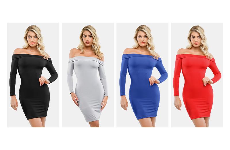 Popilush The Shapewear Dress Off Shoulder Long Sleeve Midi Dresses Womenswear Lady Casual Underwear Longsleeves Casual Wear Basic