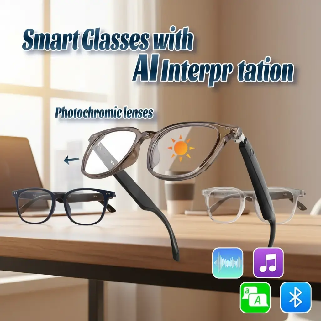 Multifunctional AI Smart Glasses, Wearable Lightweight Smart Bluetooth Glasses with Photochromic Lenses, High-Resolution Sound, UV & Blue Light Protection, Translation Function for Outdoor Sports, Driving (Black Gold)