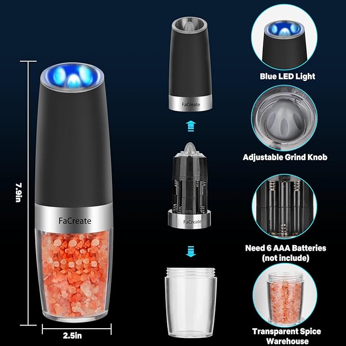 Gravity Electric Salt and Pepper Grinder Set,Automatic Operation Electric Salt and Pepper Shakers Set，Battery Powered Adjustable Coarseness Pepper Mill