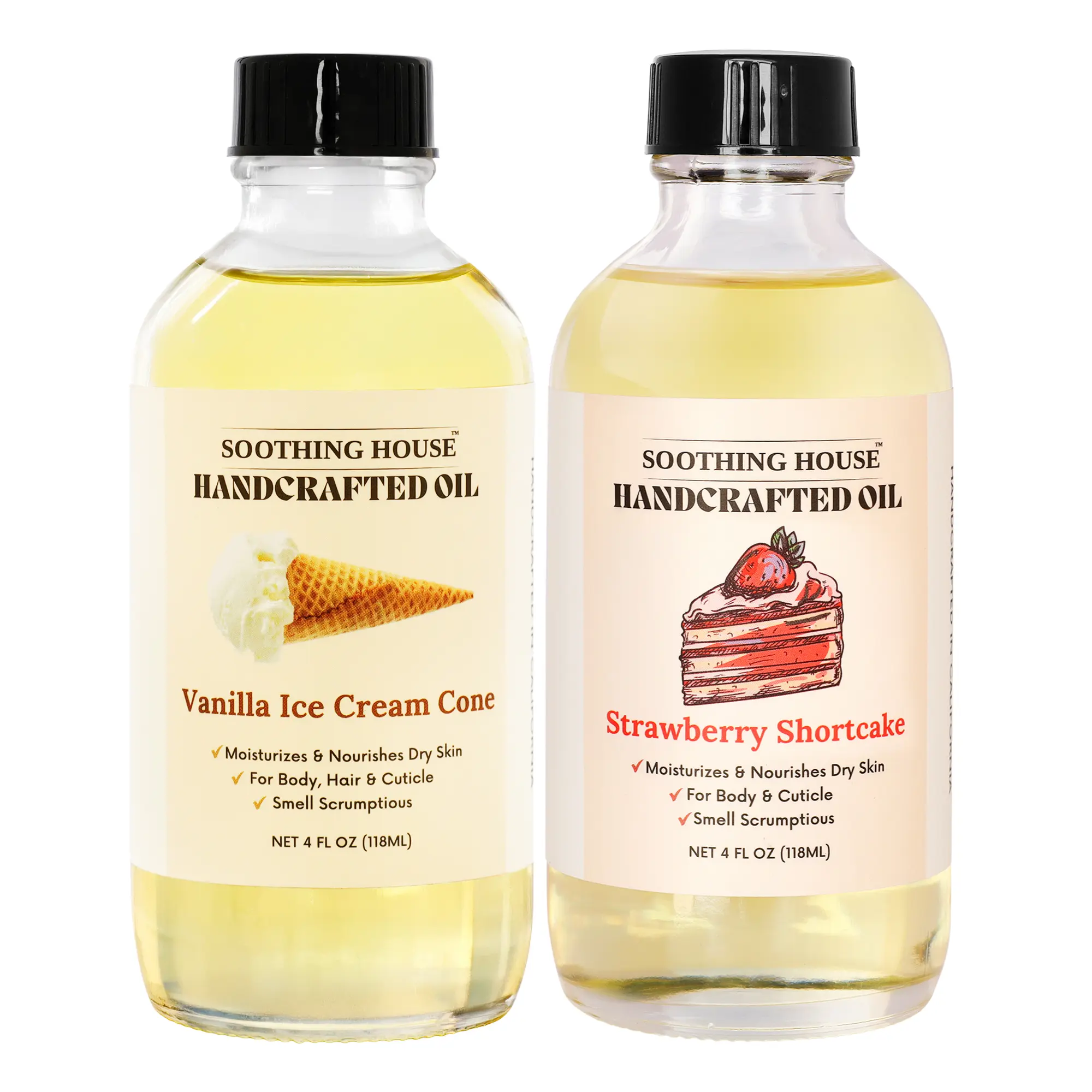Scented Strawberry Vanilla Body Oil Bundle - Aesthetic 4 fl oz Vanilla Ice Cream Cone & Strawberry Shortcake Moisturizers, Handcrafted Body Care, Sweet, Creamy, Soothing, Nourishing