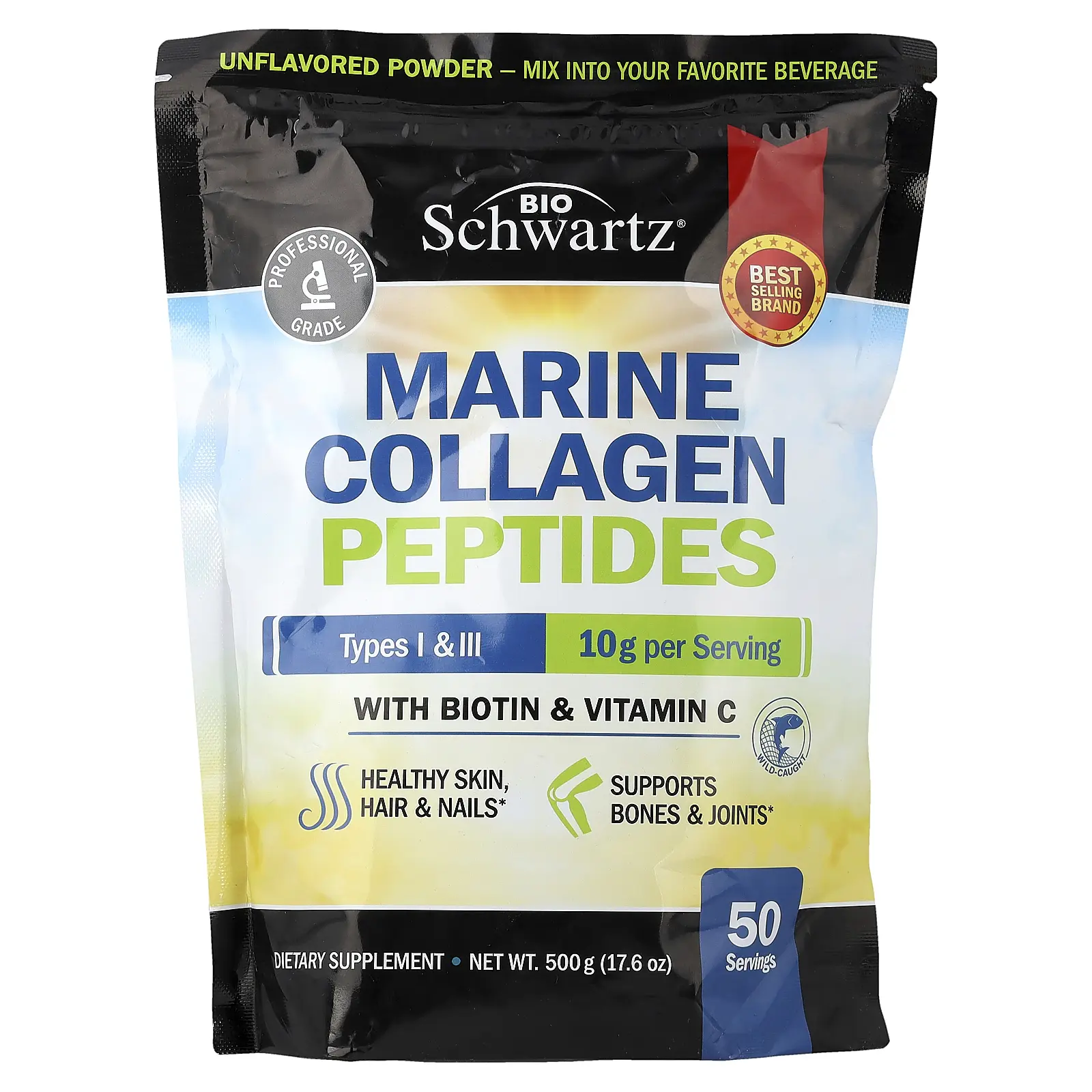 BioSchwartz Marine Collagen Peptides Powder, Types I & III, With Biotin & Vitamin C, Unflavored, 17.6 oz (500 g)