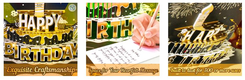 INPHER DIY Age Birthday Cards Fireworks Pop Up Cake Light and Music Black and Gold Happy Birthday Card Gift for Husband, Men, Women, Mom, Grandma