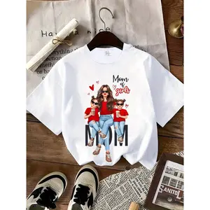 Cotton Short Sleeve  T-Shirt Mom of Girls Cartoon Printed T-Shirt, Y2K Style, Short Sleeve, Crew Neck, Polyester, Mother'S Day Gift