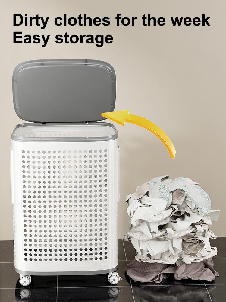 UFORU Laundry basket with wheels, white and gray, ventilated clothes and towel basket, odor-resistant, convenient rolling storage, suitable for dorms, bedrooms, bathrooms, portable laundry basket with lid
