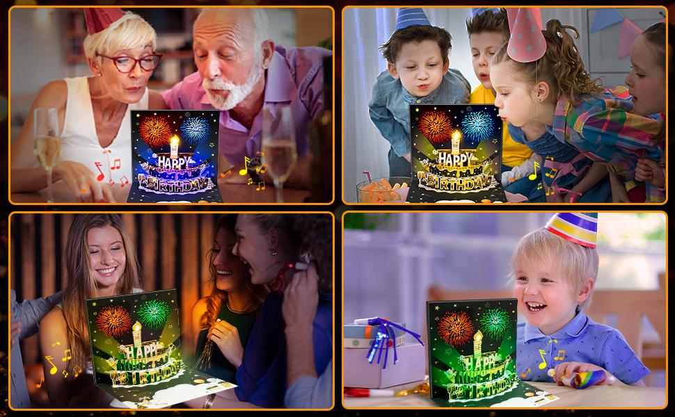 INPHER DIY Age Birthday Cards Fireworks Pop Up Cake Light and Music Black and Gold Happy Birthday Card Gift for Husband, Men, Women, Mom, Grandma
