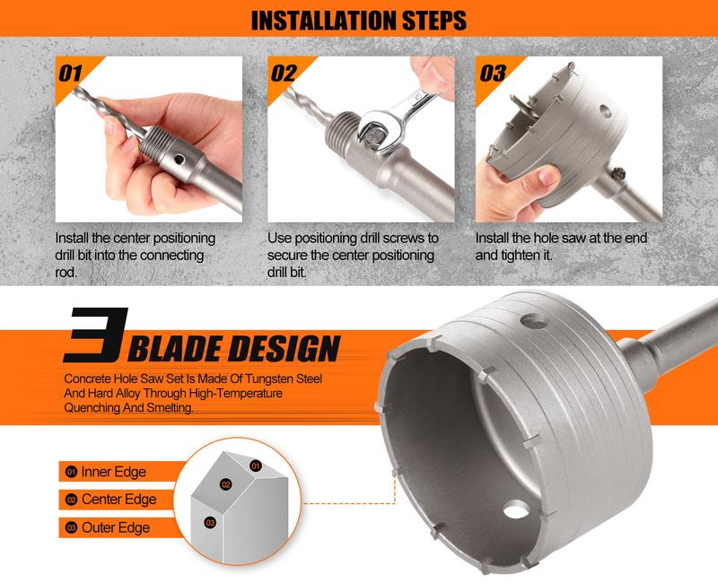 11PCS Concrete Hole Saw Kit 30mm-100mm with Max Shank & SDS Plus for Concrete Brick Drilling Heavy Duty Power Tool Set