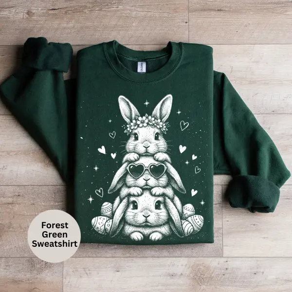 Retro White Boho Easter Bunnies comfort colors T Gildan Sweatshirt, Women Pullover Sweater, Plus size Sweater, Trendy Graphics Retro Printed Tops