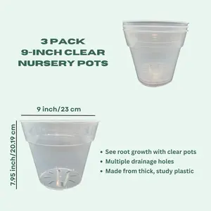 9-Inch Large Clear Nursery Pots | 3 Pack | Transparent Plastic Planter for Indoor & Outdoor Plants