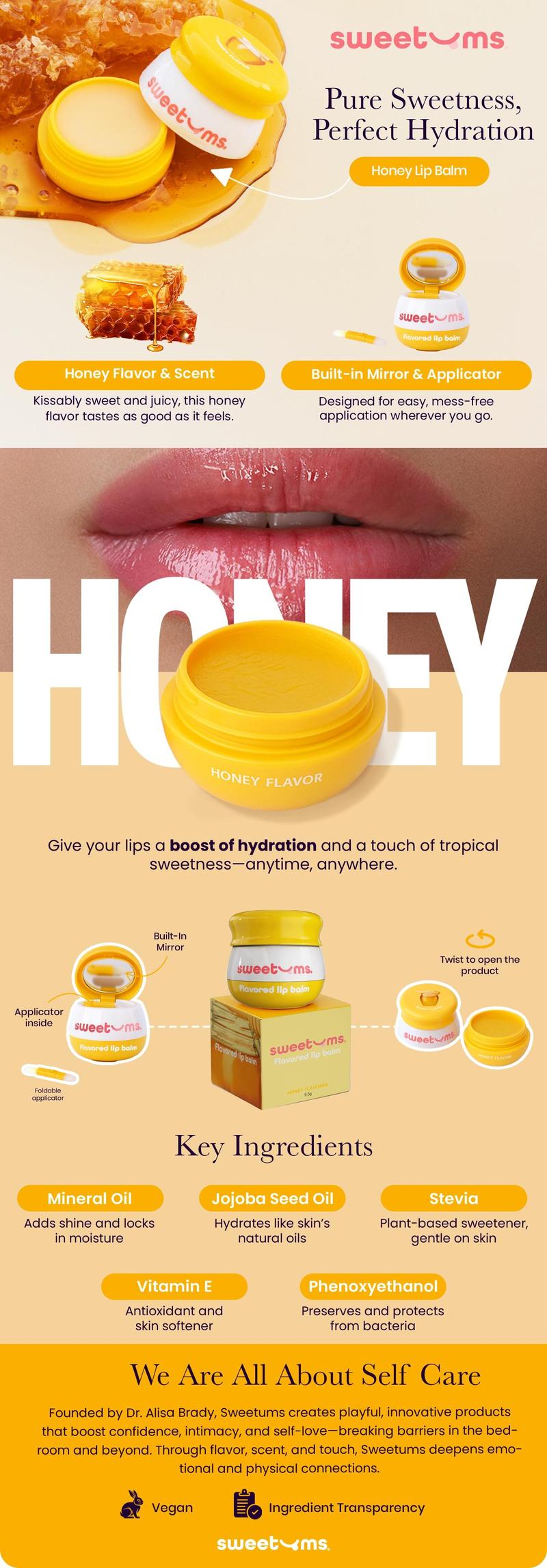 Sweetums Honey Flavored Lip Balm Vegan Cruelty-Free Hydrating Balm with Built-in Mirror & Applicator for Skincare Comfort Honey pot glossy hydrating lip balm gloss jojoba oil