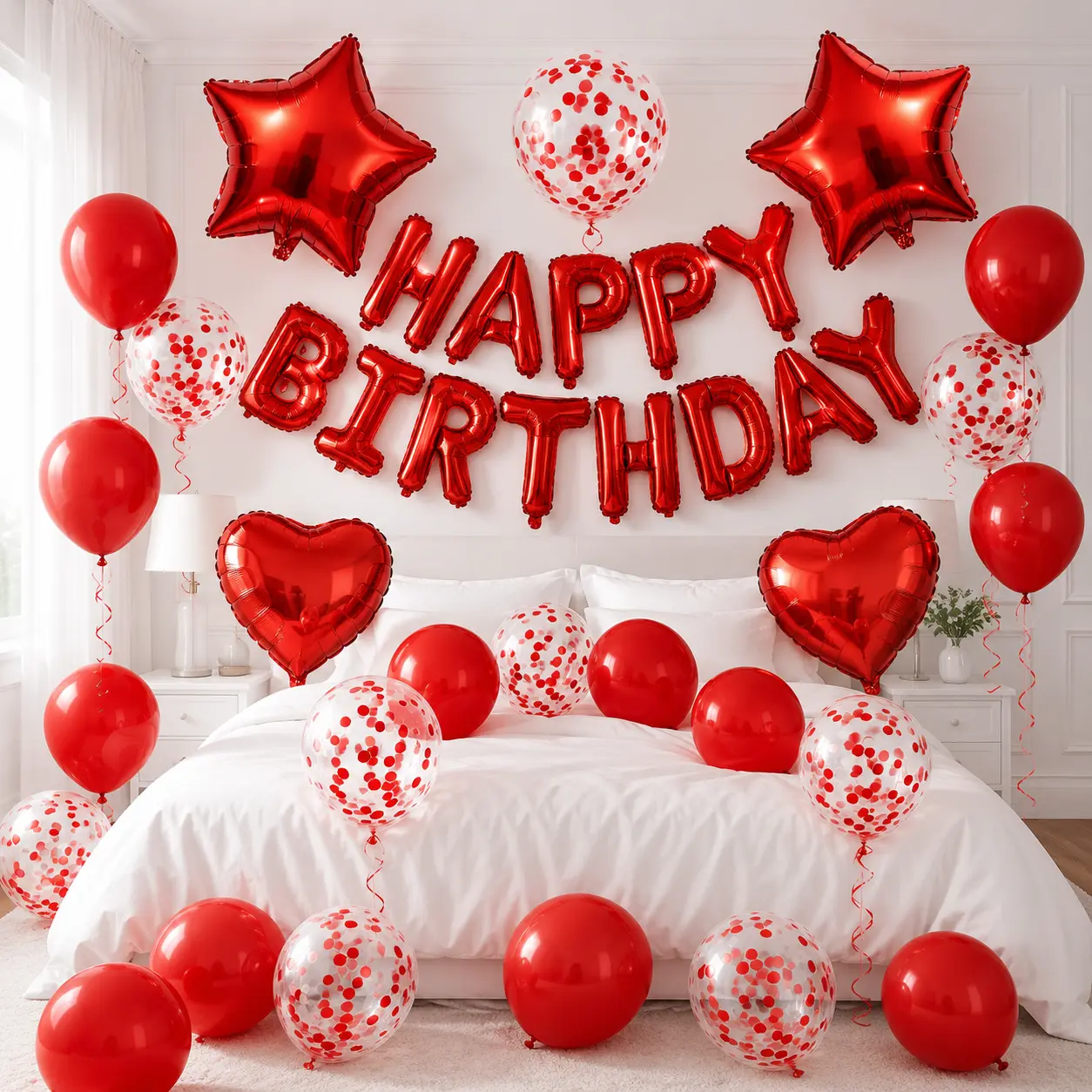Red-29pcs Birthday Balloon Decor Set - 29 Pieces Festive Letter Foil Banner, Stars Hearts & Heart Shape Confetti Latex Balloons for Backdrop, Photo Party Decor, Latex Foil