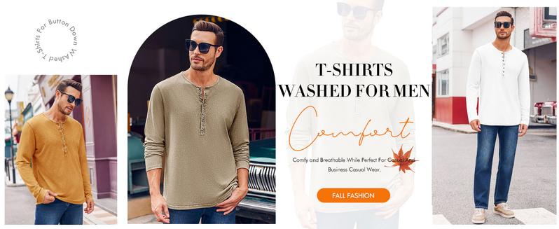 PASLTER Mens Distressed Henley Shirts Retro Long Sleeve Tee Shirts Casual Button Down Washed T-Shirts for Men