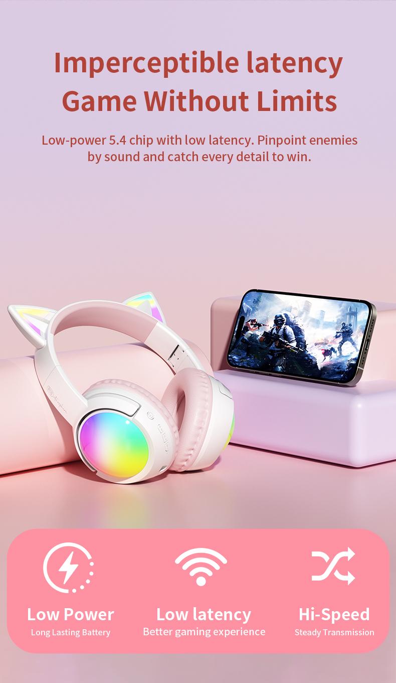 Wireless Bluetooth cat ear headphones with LED lights, foldable, over-ear design, built-in microphone, long battery life, suitable for mobile phones, tablets, iPads, and laptops. A cute gift for children, teenagers, and adults.
