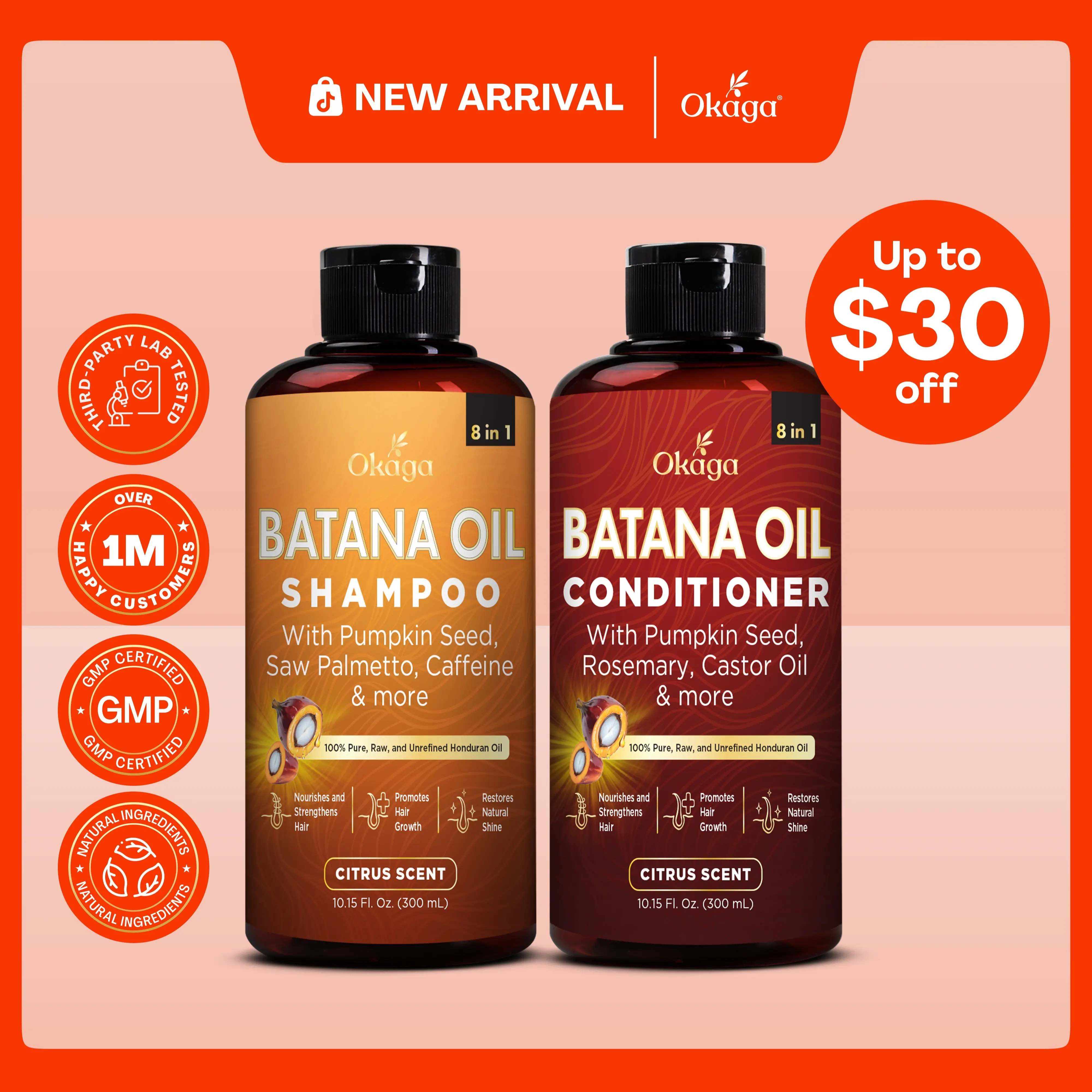 Okaga Shower Set - Batana Oil Shampoo & Conditioner - 8 in 1 Organic Hair & Scalp Care - Hair Growth, Moisturizing, Anti Frizz, Strengthening- (2 x 300 mL)