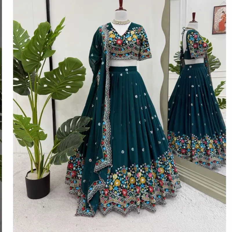 Women's Ethnic Embroidered Party Lehnga Dress - Ready-to-Wear, Built-In CanCan Skirt, Long Sleeve, Multiple Color Options, Stitched Details, Embroidery